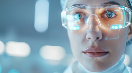 Realistic photo of a dermatologist examining a patients skin using hologram technology in a hightech clinic with soft lighting and neutral tones, banner for advertise