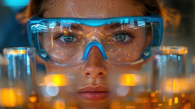 A young scientist in safety goggles examines test tubes filled with vibrant liquids in a laboratory during the day