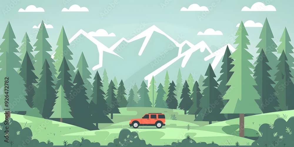 Canvas Prints Mountain Forest Landscape with Car Illustration