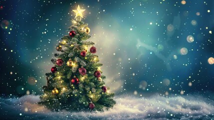 A beautifully decorated Christmas tree with twinkling lights, ornaments, and a shining star on top.