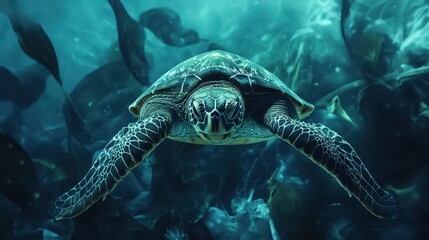 Obraz premium A sea turtle swims smoothly among vibrant kelp in clear ocean waters