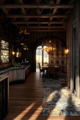 Fototapeta premium Rustic Kitchen Interior Design with Wood Beam Ceiling and Vintage Chandelier