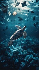 Obraz premium A sea turtle swims gracefully while navigating through scattered plastic waste in the ocean