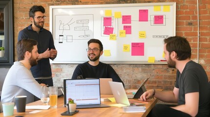 Fototapeta premium group of startup founders discussing their product roadmap a