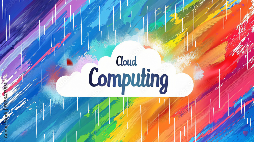 Poster Vibrant painting capturing essence of cloud computing system storing digital data securely. Colorful artwork illustrates network of servers and connections in modern technology