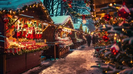 Fototapeta premium A Christmas market with festive stalls selling ornaments, gifts, and holiday treats, lit by twinkling lights.