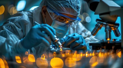 Scientist examining samples under a microscope in a laboratory during the evening