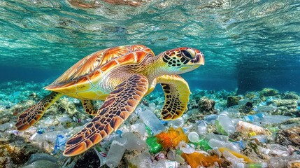 Obraz premium A sea turtle navigates through colorful waters filled with plastic debris