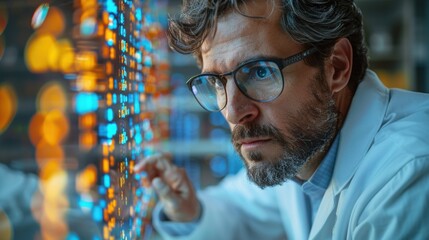 Scientist examining complex data visualization in a laboratory during evening hours