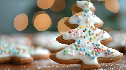 A close-up of a gingerbread cookie shaped like a Christmas tree, decorated with icing and sprinkles.