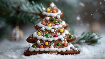 A close-up of a gingerbread cookie shaped like a Christmas tree, decorated with icing and sprinkles.