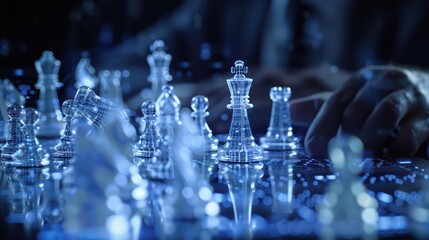 Visionary leaders in a hightech environment play a game of chess with ghostly pieces that transform based on their innovative business ideas