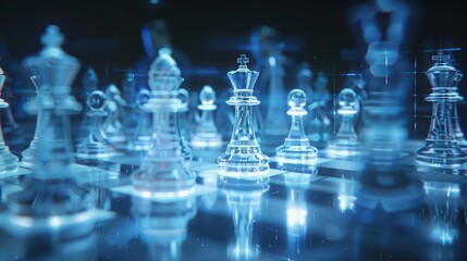 Visionary leaders in a hightech environment play a game of chess with ghostly pieces that transform based on their innovative business ideas
