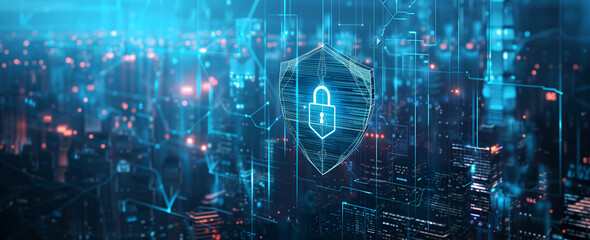 Digital cityscape with a glowing lock and shield symbolizing cybersecurity in a connected world. Cybersecurity and data protection concepts.