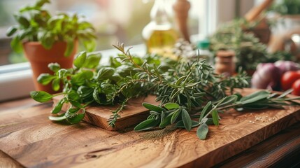 A close-up of fresh herbs and spices on a wooden cutting board, emphasizing natural health remedies.