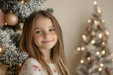Naklejka premium Little girl stands against the backdrop of decorated Christmas tree. happy girl stands at Christmas tree decorated with bright decorations during holiday season, smiling sweetly,