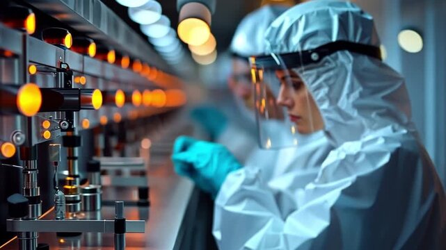 An engineer or worker at a factory that makes semiconductors is dressed in protective gear.