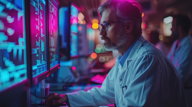 Scientist analyzing data on multiple computer screens in a lab at night