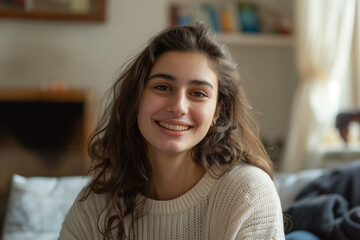 portrait of a young woman at home. give me tags