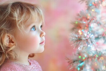 Fototapeta premium Little girl stands against the backdrop of decorated Christmas tree. happy girl stands at Christmas tree decorated with bright decorations during holiday season, smiling sweetly,