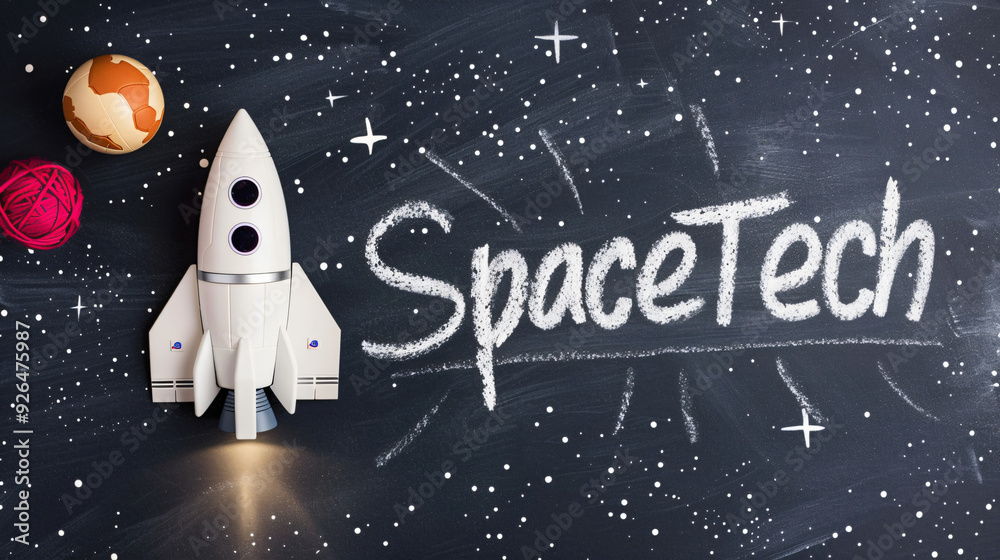 Poster toy rocket launching from a blackboard surface with planets and the words spacetech written in chalk