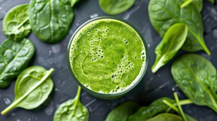 Obraz premium A fresh green smoothie in a glass surrounded by spinach leaves, promoting a healthy diet and lifestyle.