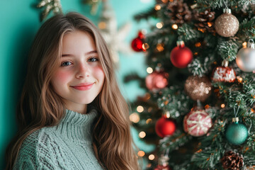 A young woman decorates festive Christmas tree a bright ornaments with beautiful New Year’s bauble. Young girl in a winter sweater on the background of a Xmas tree