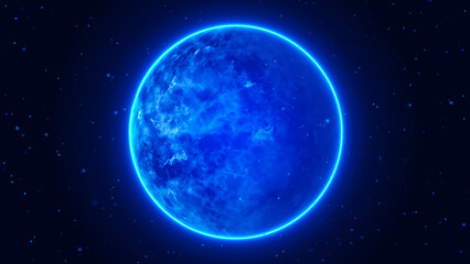 Close-up of a planet in space with turbulence, heat and dynamic atmosphere. Glowing blue planet on dark black background of space. Abstract blue plasma energy sphere.