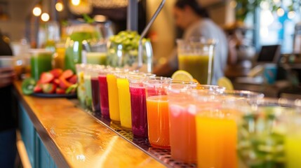 A fresh juice bar counter with various colorful smoothies, highlighting healthy beverage choices.