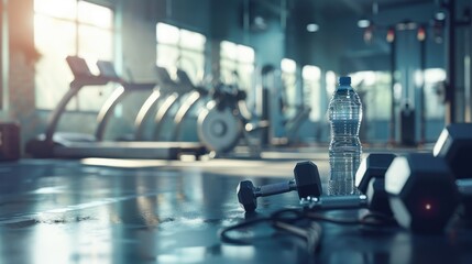 Fototapeta premium A gym scene with weights, a treadmill, and a water bottle, representing physical fitness and exercise.