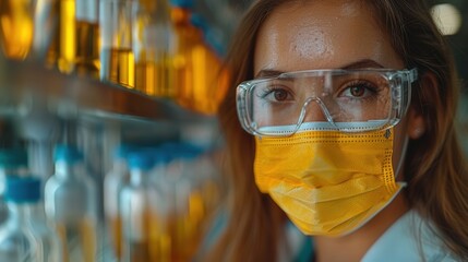 Woman in protective gear working in a laboratory while handling glass containers filled with liquids