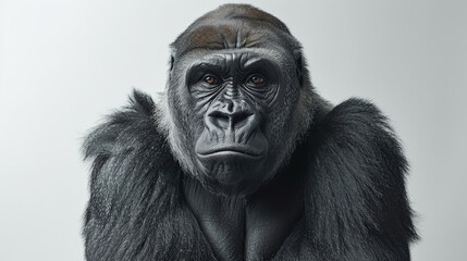 Naklejka premium A black and white photo of a gorilla standing in front of a white background. Concept of strength and power, as the gorilla's large size and muscular build dominate the scene