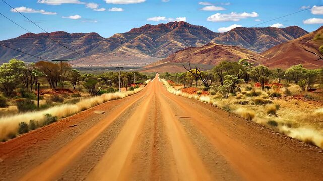 Vibrant red outback road stretching rugged mountains