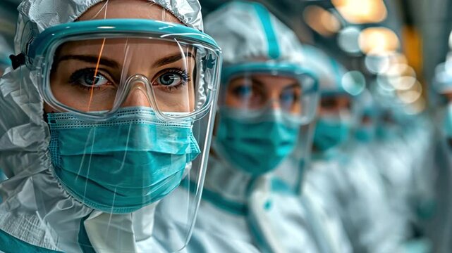 An engineer or worker at a factory that makes semiconductors is dressed in protective gear.