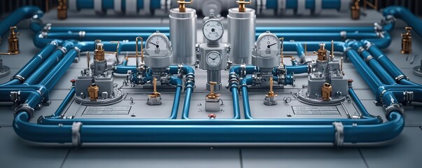 A complex mechanical setup with blue metal pipes feeding into hydraulic systems, surrounded by control levers and dials, photo-realistic, precision engineering
