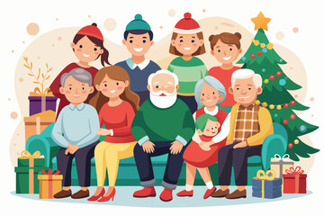 Large family celebrates Christmas or New Year. Grandma and grandfather, mom, dad and children are sitting
