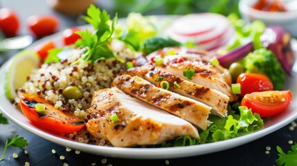 A nutritious meal with grilled chicken, quinoa, and steamed vegetables, served on a white plate, promoting healthy eating.