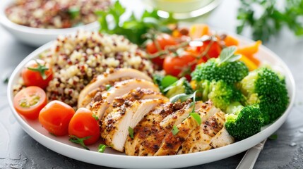 Fototapeta premium A nutritious meal with grilled chicken, quinoa, and steamed vegetables, served on a white plate, promoting healthy eating.