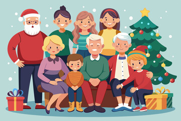 Large family celebrates Christmas or New Year. Grandma and grandfather, mom, dad and children are sitting
