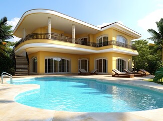 Fototapeta premium Luxury Yellow Villa with Swimming Pool