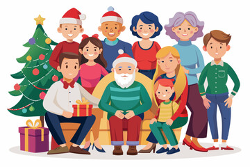 Large family celebrates Christmas or New Year. Grandma and grandfather, mom, dad and children are sitting
