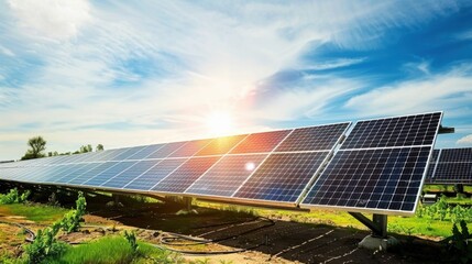 A row of solar panels in a field, capturing sunlight to generate clean electricity, promoting renewable energy.