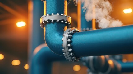 Blue metal pipes extending from a heavy-duty industrial pump, with steam escaping and lights reflecting off polished surfaces, photo-realistic, active mechanical process