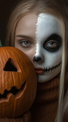 Halloween portrait with half skull makeup and a pumpkin. Ideal for seasonal promotions, scary themes, and Halloween events.