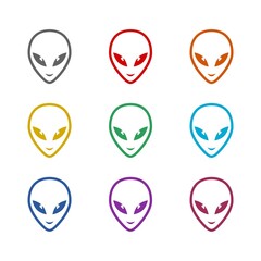 Extraterrestrial alien face or head icon isolated on white background. Set icons colorful