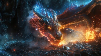 A stunning illustration of a fiery dragon, surrounded by mystical elements and vibrant colors, creating an enchanting fantasy scene.
