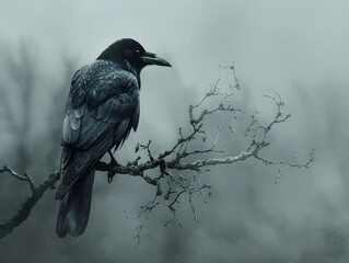 Fototapeta premium A raven perched on a bare branch in a foggy forest during early morning