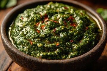 artisanal pesto closeup vibrant green basil pesto with red chili flakes swirled on rustic wooden surface fresh aromatic italian cuisine