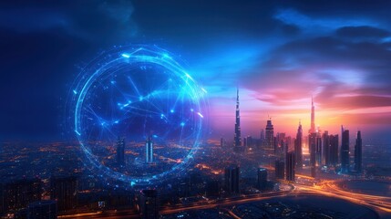 Obraz premium A panoramic view of a city powered by quantum business infrastructure, with skyscrapers lit by quantum energy sources,