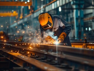 Welder working diligently on metal welding in an industrial workshop during the evening hours